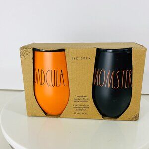 Rae Dunn Halloween DADCULA MOMSTER Black Orange 2 Stainless Steel Wine Glas 12oz